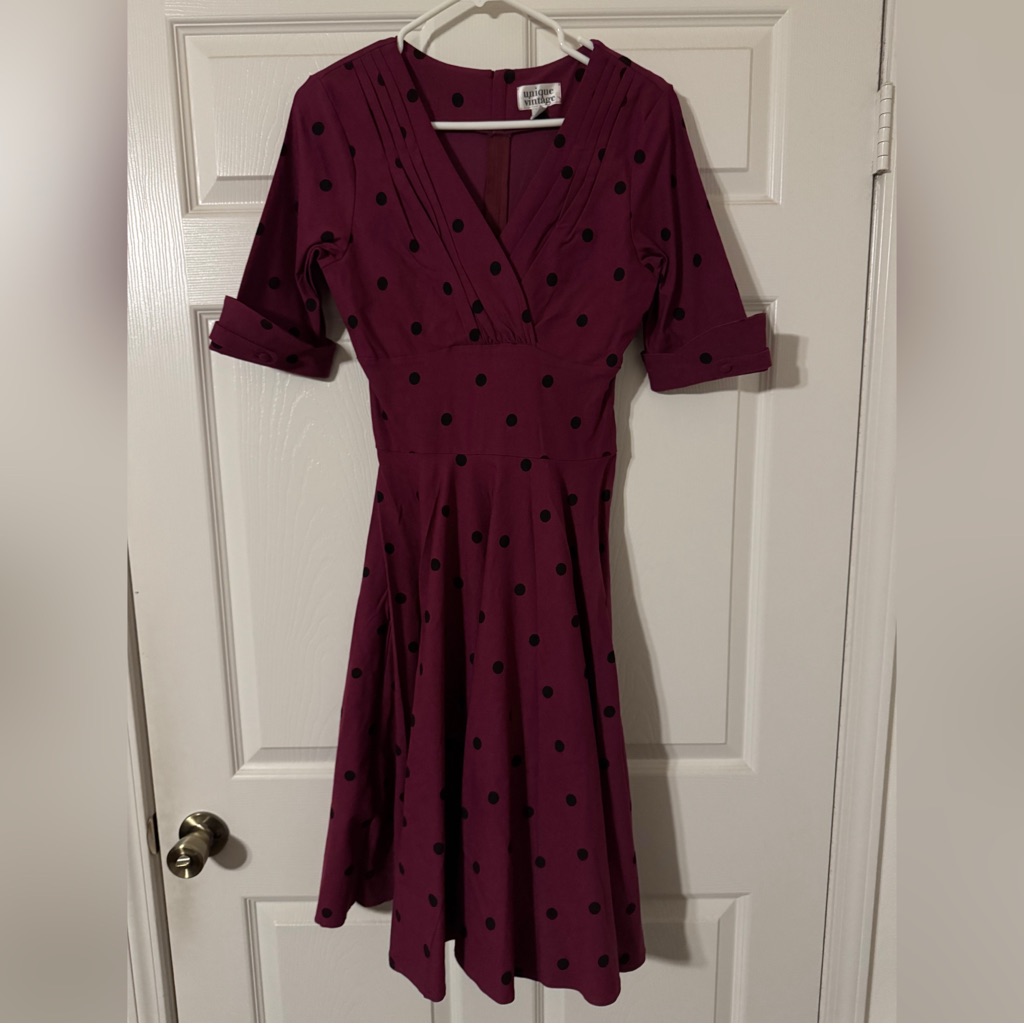 Unique Vintage Delores Swing Dress - Burgundy, Polka Dot